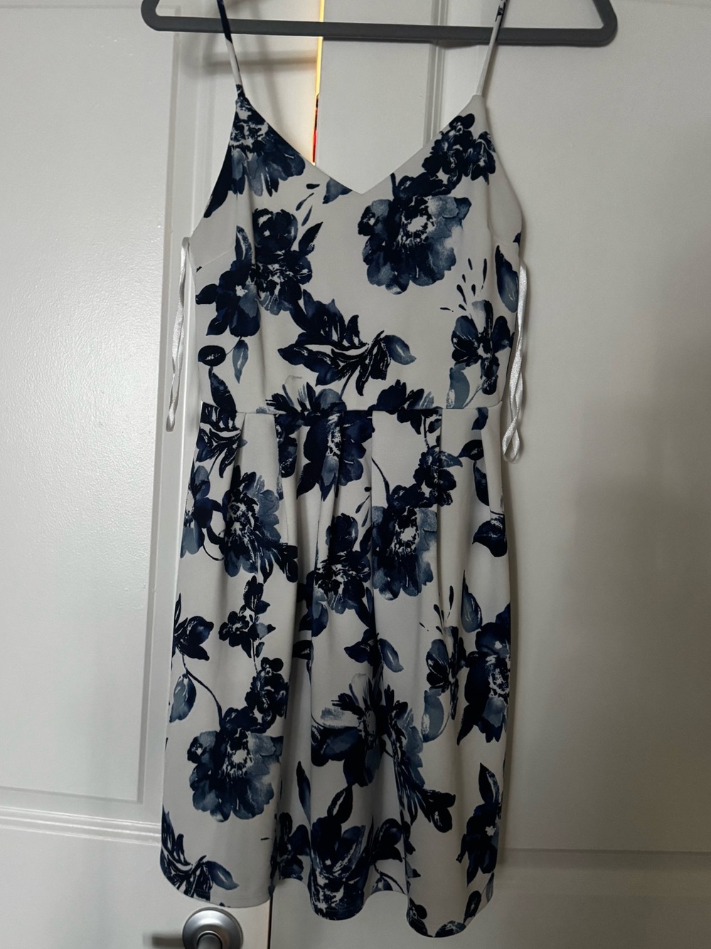 White and Navy Floral Spaghetti-Strip Dress